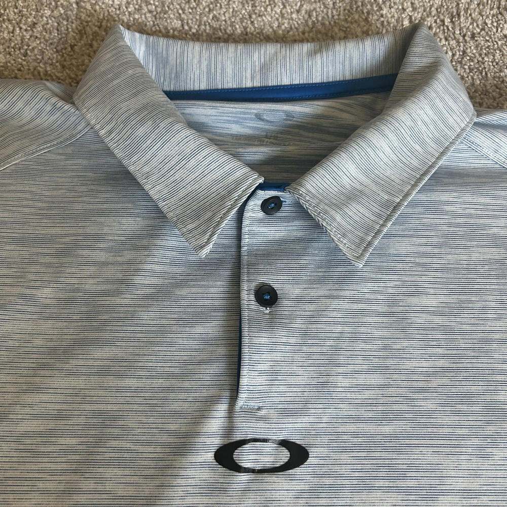 Oakley Men’s Large Polo Golf Shirt Light Stripes Blue - Picture 3 of 9